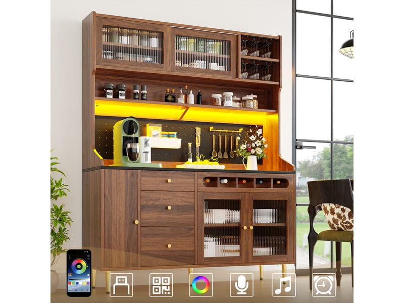  Armoire haute de cuisine vaisselier avec éclairage led, finition couleur noyer, 145x39x171cm  - Conforama D