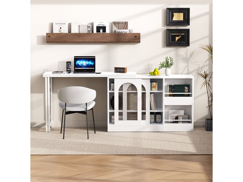  Table bar extensible 360° avec rangement, meuble réversible avec portes vitrées, bar cuisine, blanc Fay Lum - Conforama E