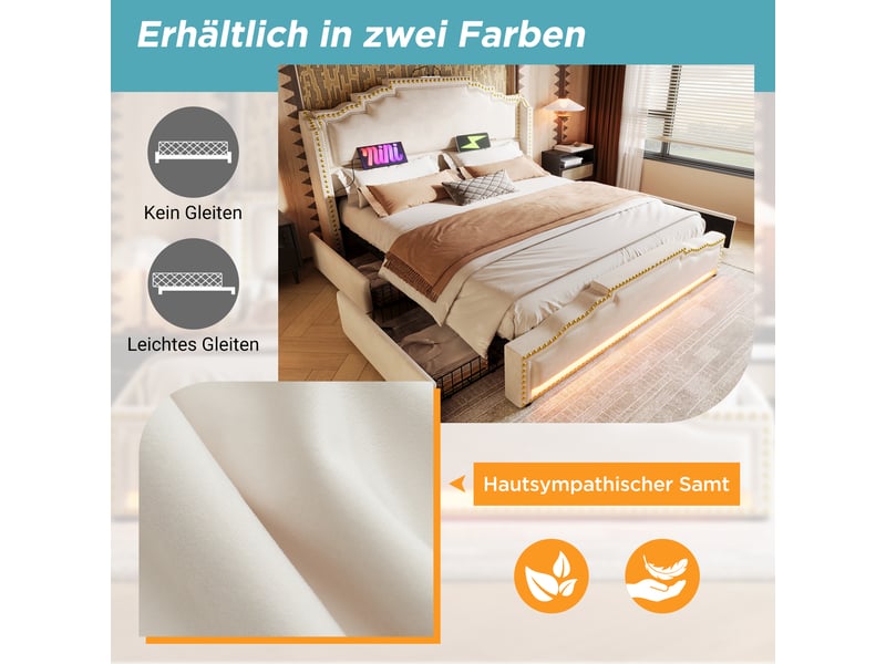  Lit double 180×200 cm avec 4 tiroirs, led réglable et ports usb et type-c - okmyhome- velours beige, sans matelas  - Conforama E
