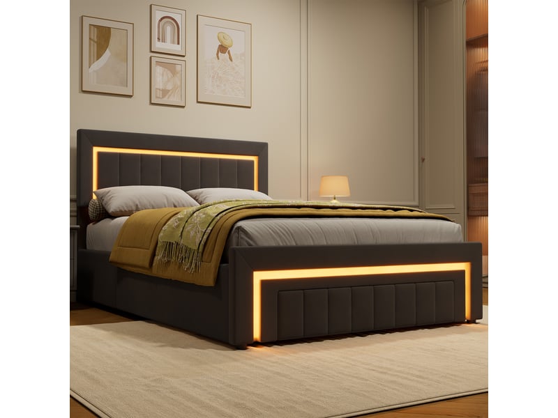  Lit coffre 2 places 140x190 cm avec 2 tiroirs et led, en velours gris  - Conforama E