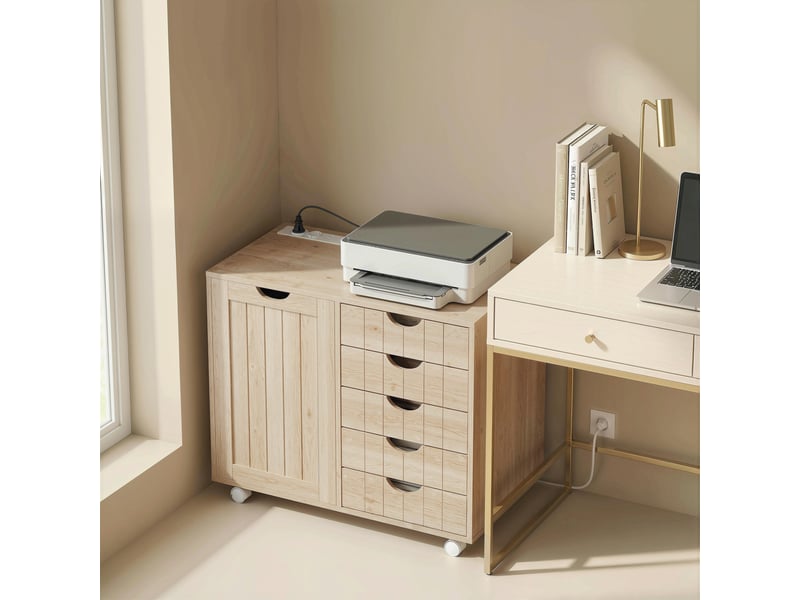  Meuble pour imprimante avec station de charge et roulettes, 5 tiroirs, ports usb, étagère réglable, naturel  - Conforama C