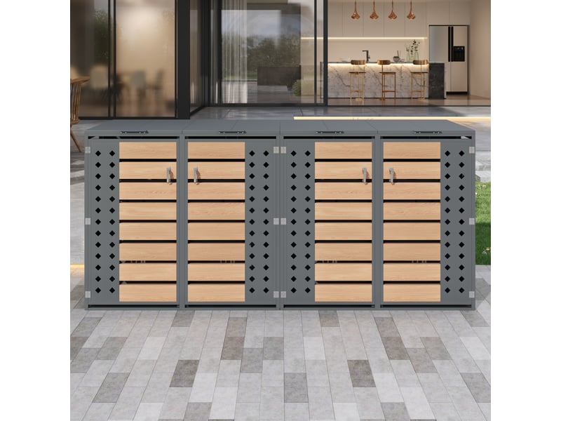 Cache-poubelles 4 compartiments, couvercle rabattable, panneaux diamant perforés, métal noir - Conforama B