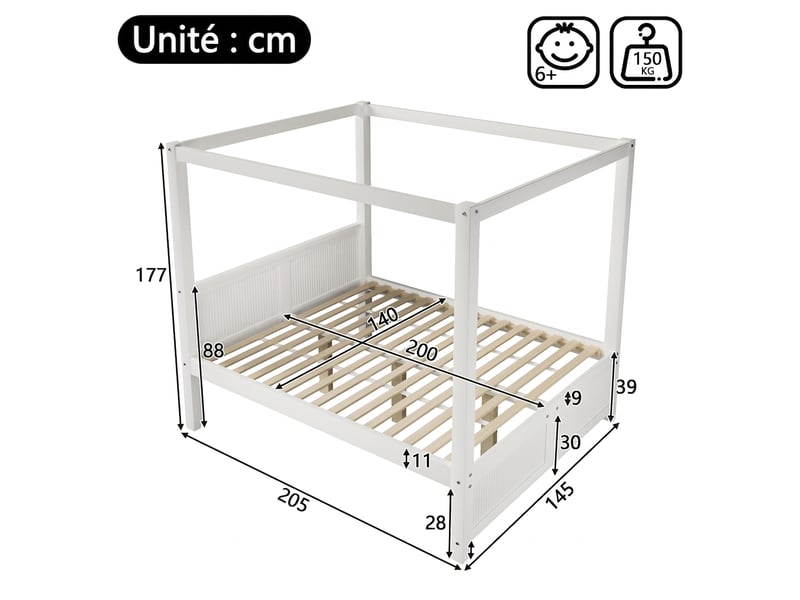  Lit à baldaquin 140x200 bois blanc scandinave avec toit  - Conforama E