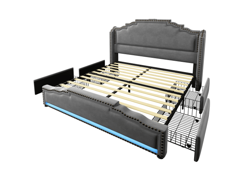  Lit 140x200 cm velours gris, tête de lit led et tiroirs de rangement - sans matelas  - Conforama A