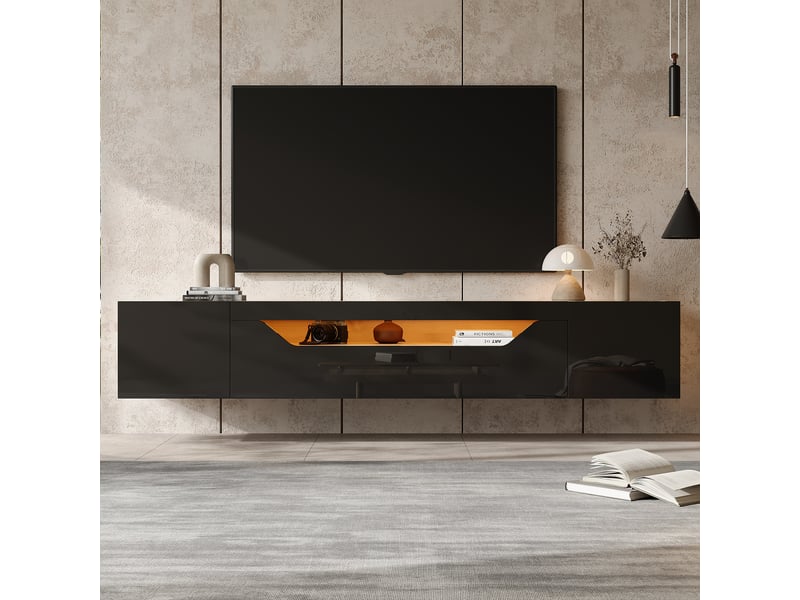  Meuble tv suspendu 180 cm noir et bois pour tv 75 pouces avec led  - Conforama E
