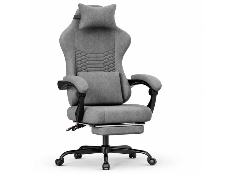  Chaise de bureau gaming ergonomique inclinable avec repose-pieds - lpospi - appuie-tête, tissu - gris foncé  - Conforama A