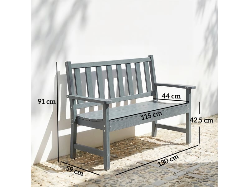  Banc de jardin 2 places, banc d'extérieur en plastique résistant aux intempéries avec structure à lattes, dossier imitation bois, gris  - Conforama E