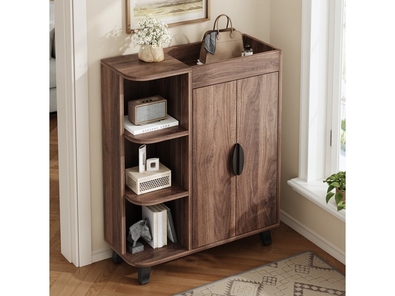 Meuble à chaussures avec 2 portes et niches ouvertes, plateau supérieur pour entrée, en panneaux, 80×32×99 cm, noyer - Conforama B