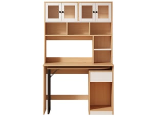 Bureau informatique avec bibliothèque et placard de rangement – table de travail intégrée, blanc et bois naturel, hauteur 180 cm