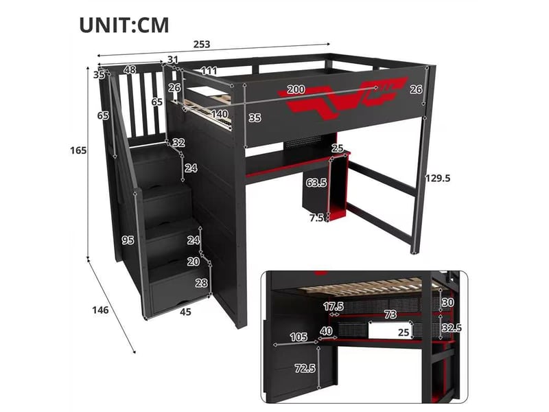 Lit mezzanine gaming 140x200 cm noir, avec bureau, escalier de rangement 4 compartiments, led 7 couleurs, usb, sommier inclus, sans matelas - Conforama C