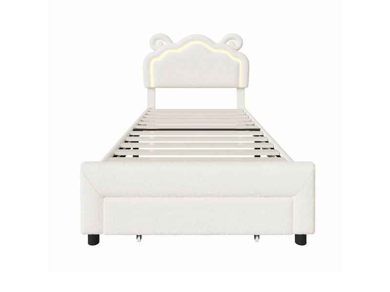  Lit simple avec éclairage led et tiroir gigogne 90 x 200 cm - blanc - canapé-lit en tissu bouclette teddy avec tête de lit motif cornes de bélier  - Conforama E
