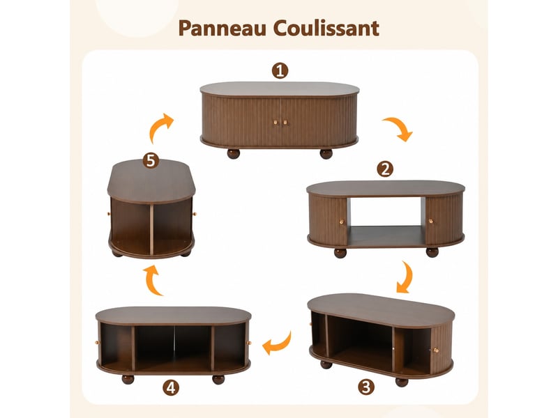  Table basse ovale noyer 100x50x40 cm, table de salon mdf avec portes coulissantes, grand rangement, design moderne  - Conforama D