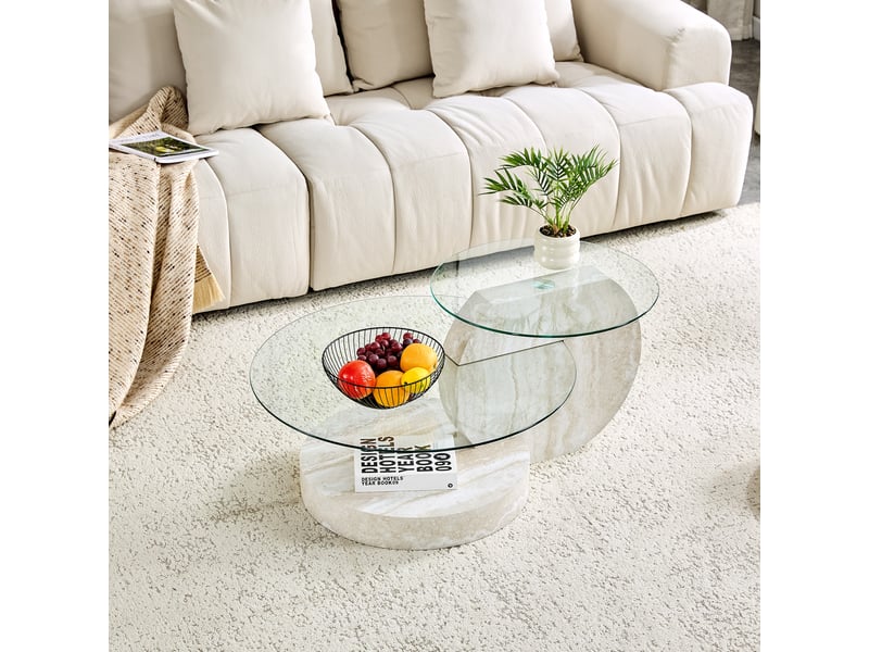  Table basse moderne à 2 niveaux en verre de sécurité et mdf – gris clair – 90 x 70 x 44 cm  - Conforama C
