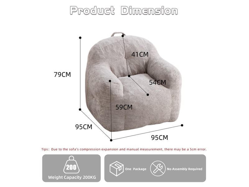  Fauteuil pouf avec accoudoirs et dossier enveloppant, garnissage en mousse déchiquetée, fausse fourrure gris clair  - Conforama C