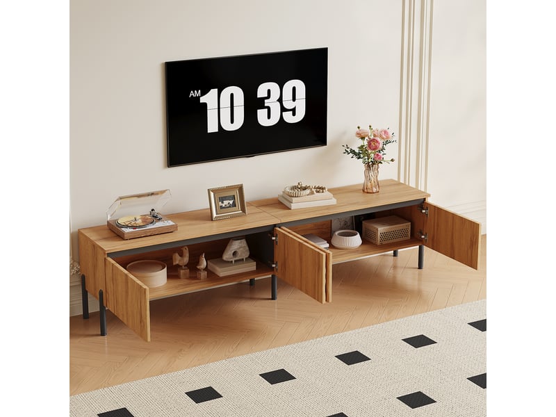  Meuble tv 180x35x43 cm - meuble bas avec 4 portes ondulées, rangement fermé, passe-câbles, pieds en métal, structure en pb et mdf  - Conforama D