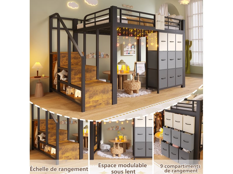  Lit mezzanine 140x200 cm avec tiroirs, penderie, garde-corps et escalier de rangement mdf métal noir sans matelas  - Conforama D