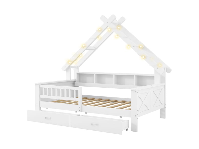 Lit plateforme enfant forme maison 90x200 cm blanc mdf pin led rangements 2 tiroirs garde-corps Sol Morn - Conforama A