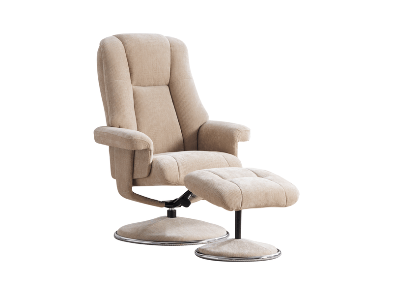 Fauteuil relax avec repose-pieds en tissu chenille beige, dossier inclinable à 145 degrés, pivotant à 360 degrés pour salon - Conforama A