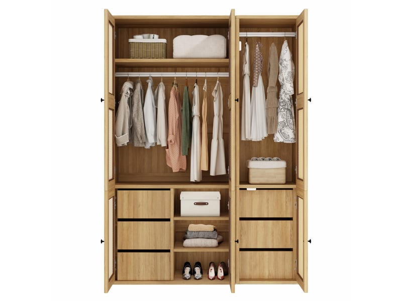  Armoire en rotin 135x47x200 cm avec 2 tringles 6 tiroirs 4 compartiments - mdf couleur chêne  - Conforama R