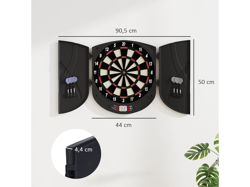  Cible de fléchettes électronique, jusqu'à 8 joueurs, tableau de score, portes latérales, écran lcd. 26 jeux, 44 x 4,4 x 50 cm, noir  - Conforama D