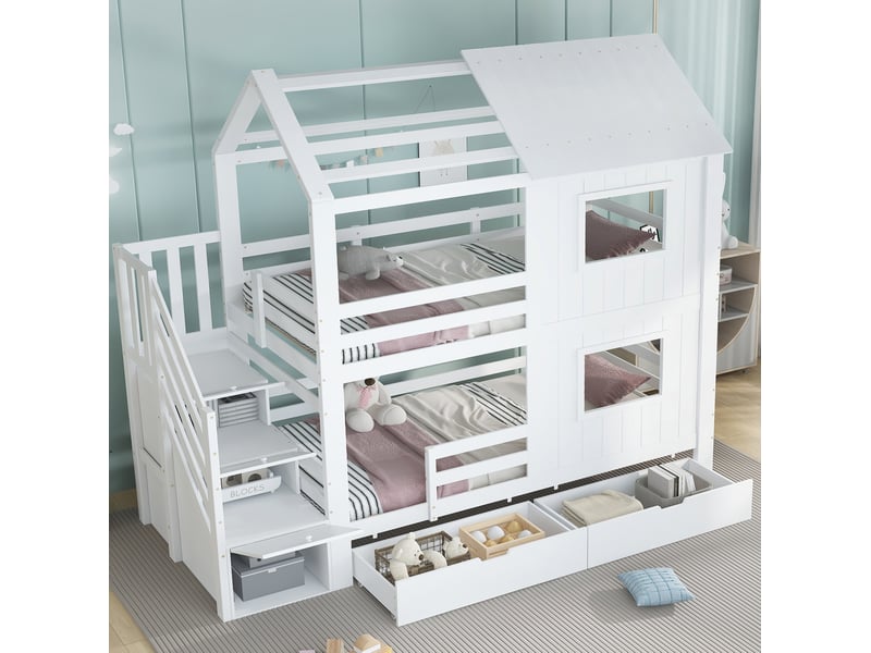  Lit superposé enfant 90x200 cm, lit avec rangement, escalier et tiroir à roulettes, structure mdf, blanc, sans matelas  - Conforama D