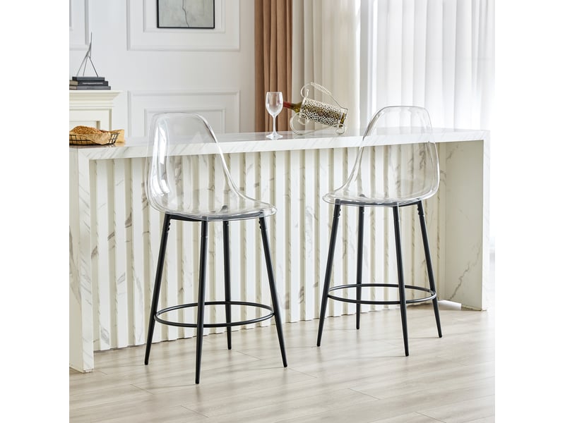  Tabouret de bar transparent avec dossier ergonomique et pieds métalliques noirs, lot de 2 en plastique et métal noir  - Conforama C