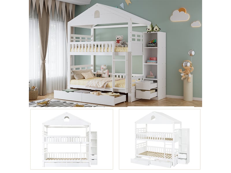  Lit superposé enfant 90 x 200 cm, design cabane, échelle, 2 grands tiroirs, meuble de rangement latéral, blanc  - Conforama D