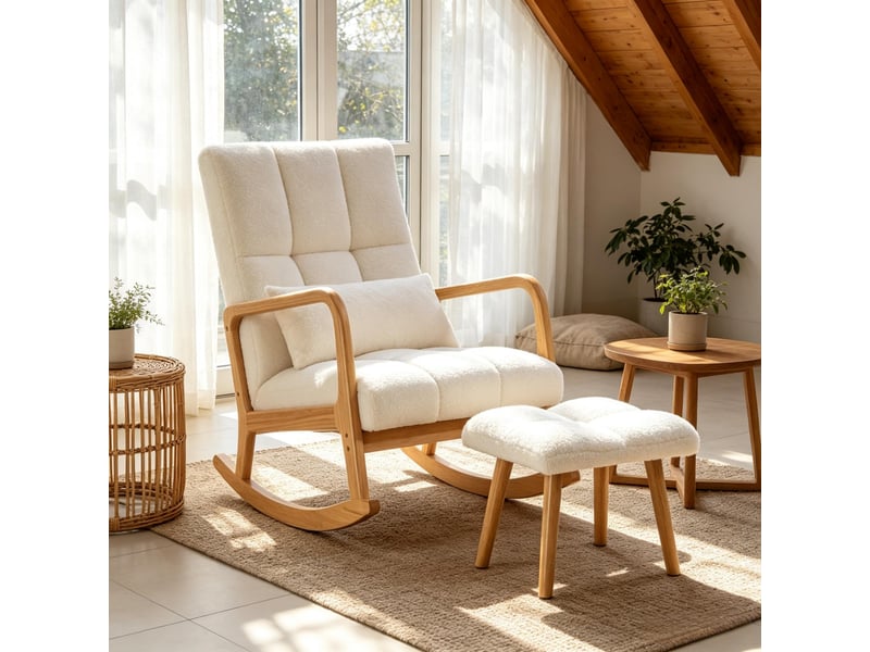  Fauteuil à bascule en tissu bouclé avec repose-pieds, fauteuil à bascule avec pieds en bois robustes pour salon  - Conforama A