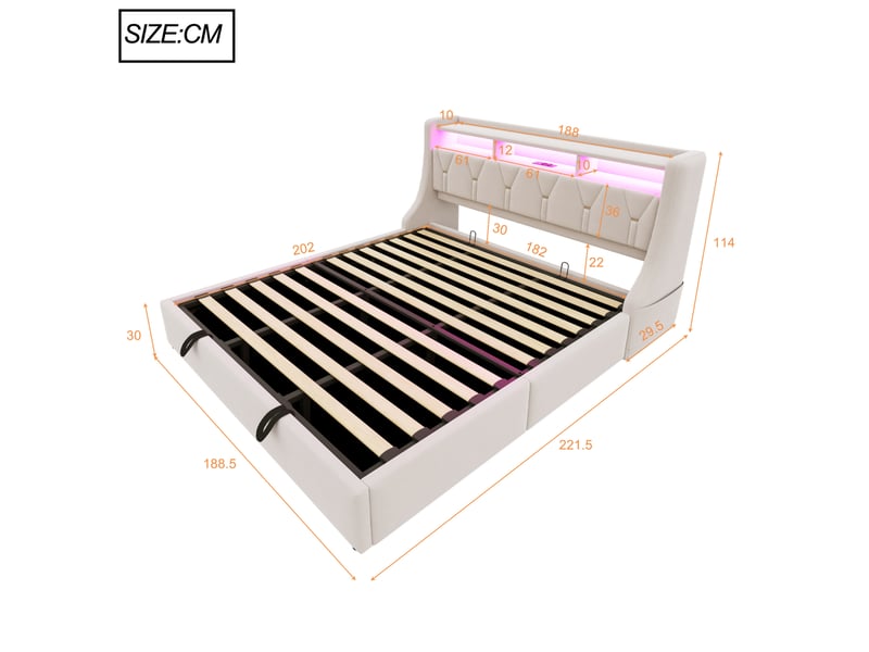  Lit double 180 × 200 cm coffre hydraulique avec tête de lit relevable, led, prises et rangements pour chambre, beige  - Conforama C