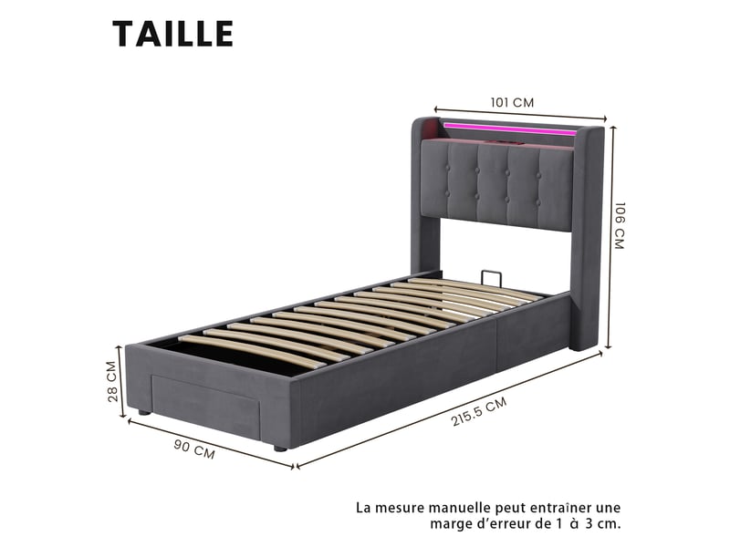  Lit coffre pour enfant, 90 x 200 cm, simple, avec led et ports usb, tissu velours, gris foncé.  - Conforama D