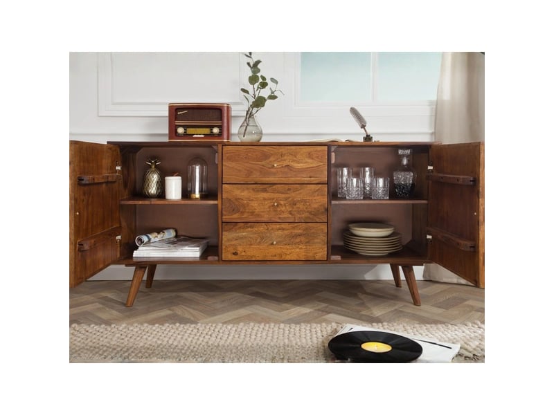  Buffet scani 145 cm en bois massif de sheesham verni – 2 portes sculptées et 3 tiroirs  - Conforama D