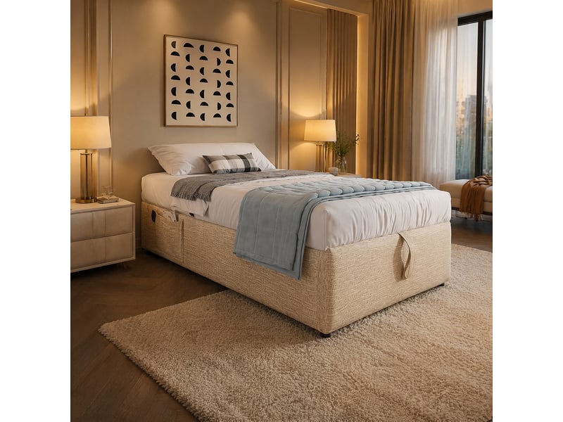  Lit coffre 90 x 200 cm sans tête de lit, avec usb-c et type-c, tissu beige + naturel  - Conforama B