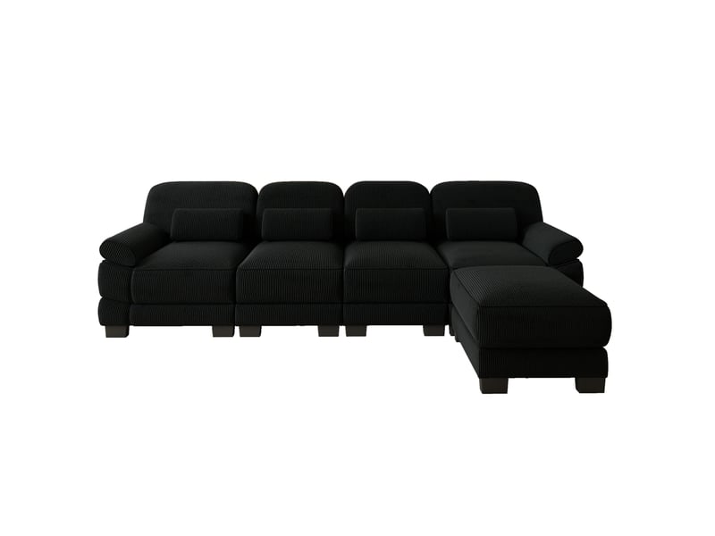  Canapé modulaire en l 4 places 336x161x94 cm avec pouf, assise profonde, design ergonomique, velours côtelé noir  - Conforama A
