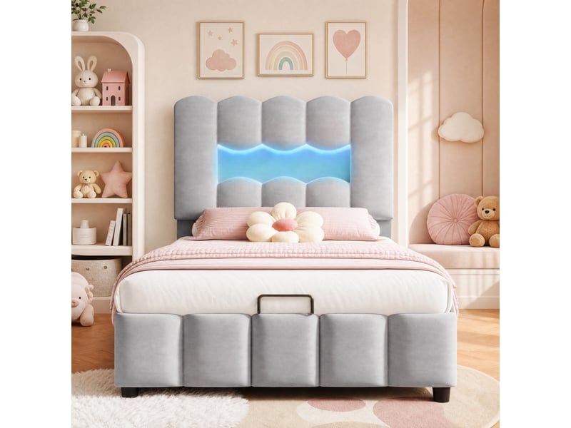  Lit coffre 90x200 cm éclairage led, tête de lit réglable en velours gris  - Conforama B