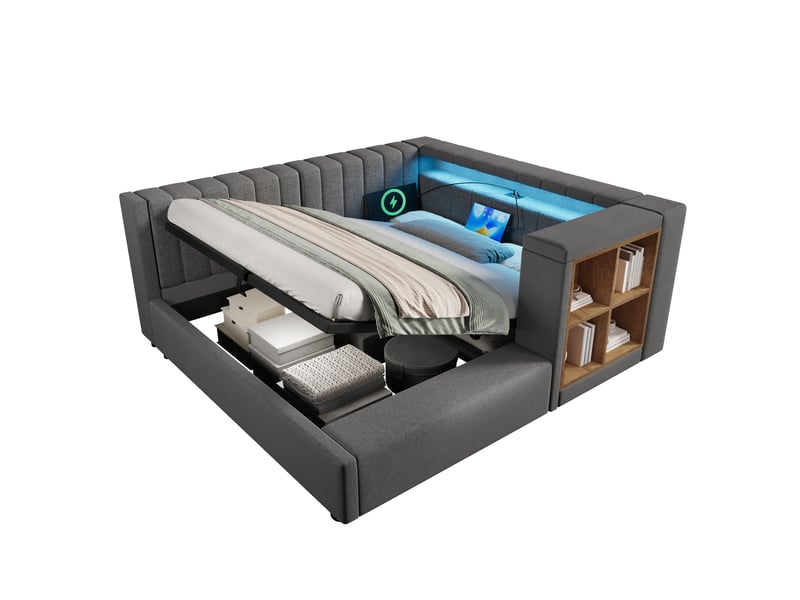  Lit banquette coffre 140x200 cm, banquette-lit, ouverture hydraulique, éclairage led, ports usb et type-c, sommier à lattes, lin gris CozyNest - Conforama A