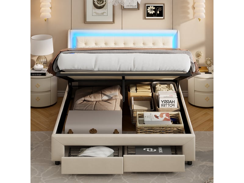 Lit coffre 140x190 cm en velours beige avec led rgb et rangement hydraulique - 2 tiroirs, sommier à lattes inclus, structure renforcée 300 kg - Conforama D
