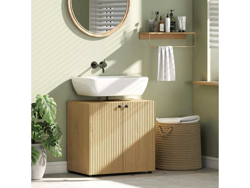  Meuble sous lavabo 60 cm, 2 portes à fermeture douce, bois naturel  - Conforama C