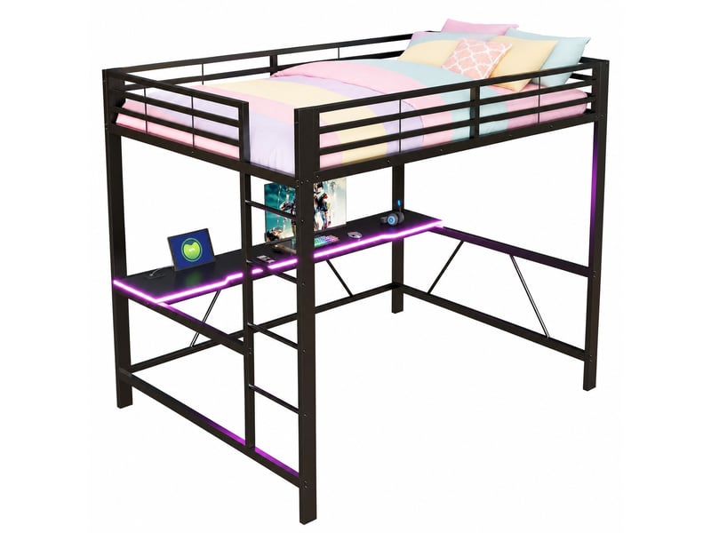  Lit mezzanine double 160×200 cm bureau, led et usb  - sans matelas, métal et mdf noir  - Conforama A