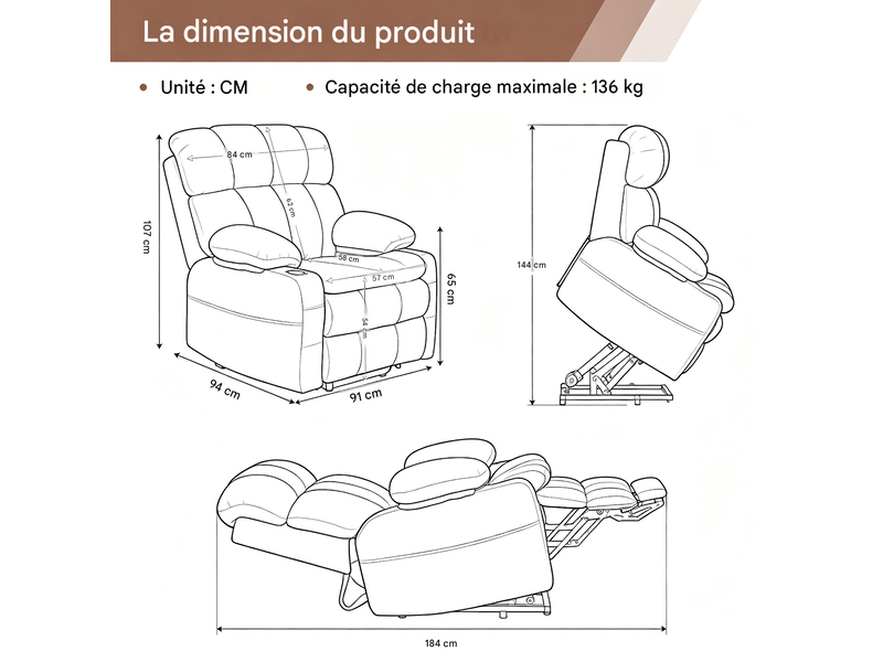  Fauteuil releveur électrique 2 moteurs avec massage et chauffage gris W5760S00004 - Conforama B