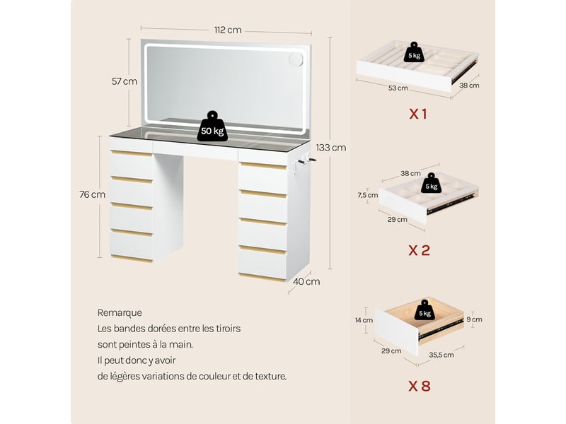  Coiffeuse avec miroir led, 11 tiroirs, station de charge, plateau en verre，112x40x133 cm，blanc+doré  - Conforama D