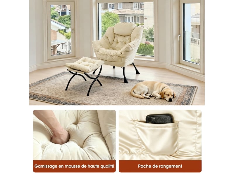  Fauteuil relax avec pouf, accoudoirs, poche latérale et repose-pieds, fauteuil lounge tv en tissu pour salon, chambre et bureau  - Conforama D