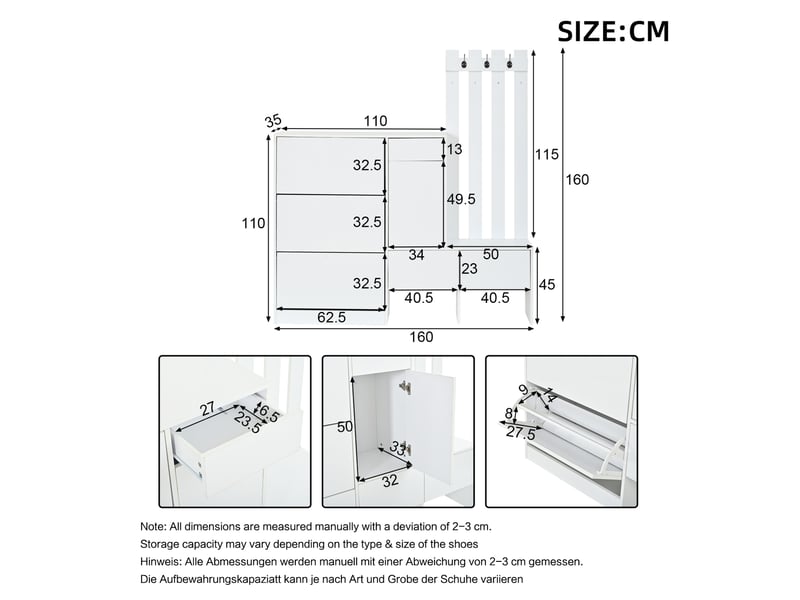  Vestiaire d'entrée 7-en-1 avec meuble à chaussures 160x35x160 cm blanc mdf  - Conforama C