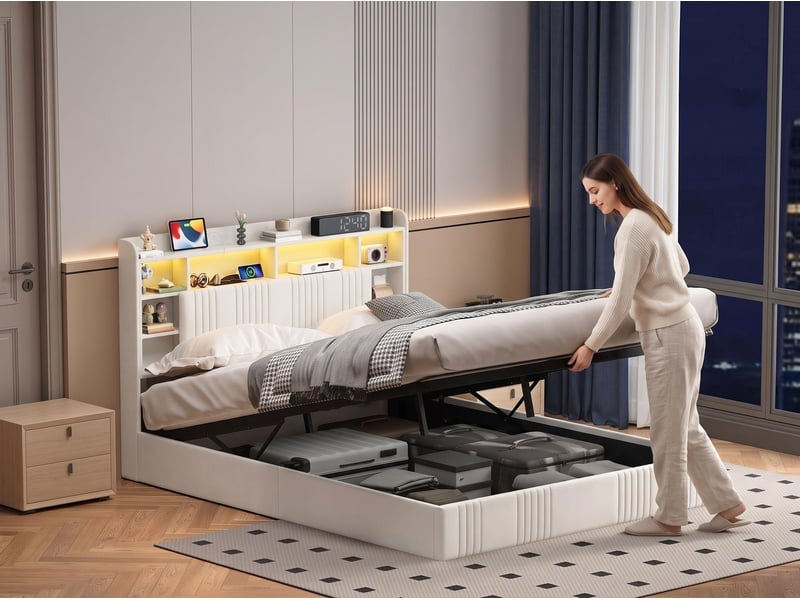  Lit 2 places 160x200 cm – lit coffre – tête de lit avec espace de rangement – ​​ ports usbtype-c – éclairage led rgb –  sommier à lattes – lin beige  - Conforama D