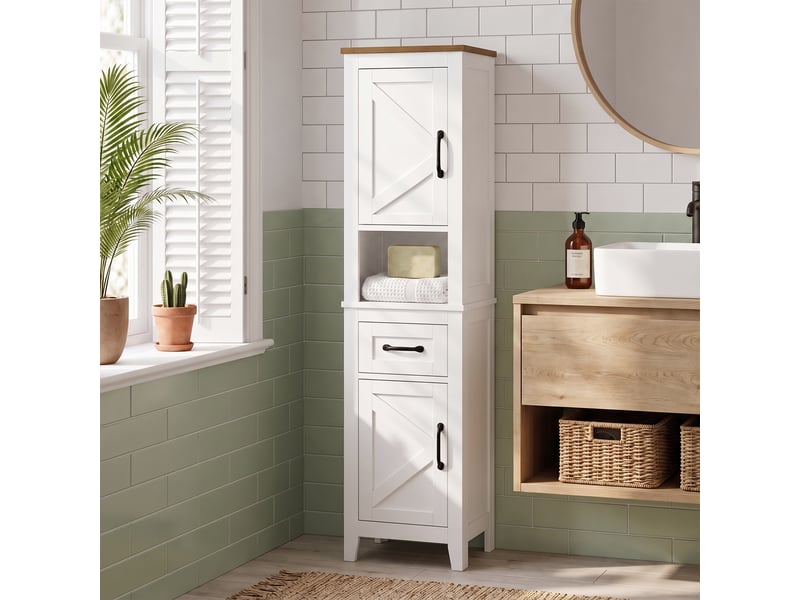 Meuble de salle de bain haut et étroit de style campagnard avec tiroir, compartiment ouvert, portes et étagères réglables, 34,5 x 30 x 148 cm, blanc - Conforama D