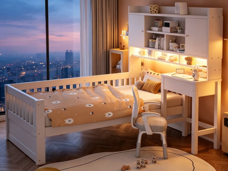 Lit simple en bois, 90 × 200 cm, avec rangement intégré, bureau et tiroirs, éclairage led et prise électrique, barrière de sécurité, blanc  - Conforama B