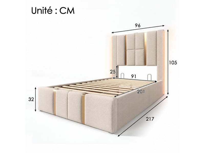  Lit coffre 90x200 cm en lin, lit simple avec rangement, usb, type-c et led réglable, matelas inclus, beige  - Conforama D