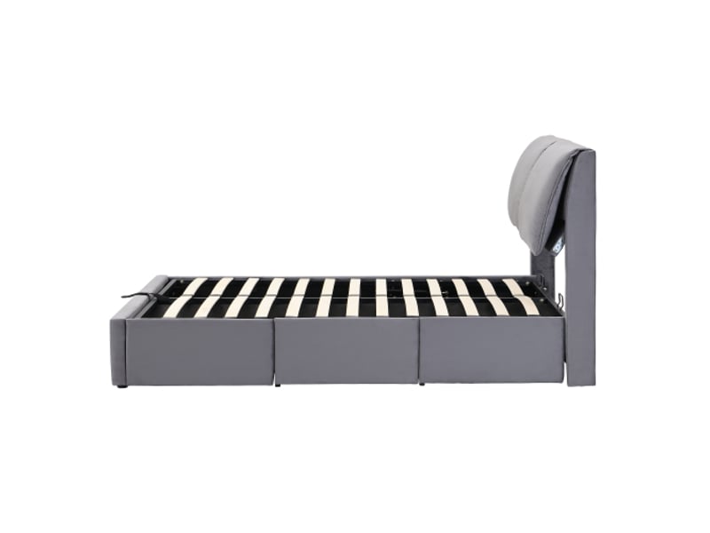  Lit capitonné 140x200 cm, vérin hydraulique, 3 tiroirscoffre, sommier à lattes, tête de lit velours gris – sans matelas  - Conforama D
