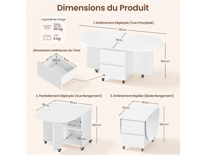  Table basse extensible 3-en-1 4080120x60x50,5 cm avec roulettes et rangement 616416 White - Conforama C