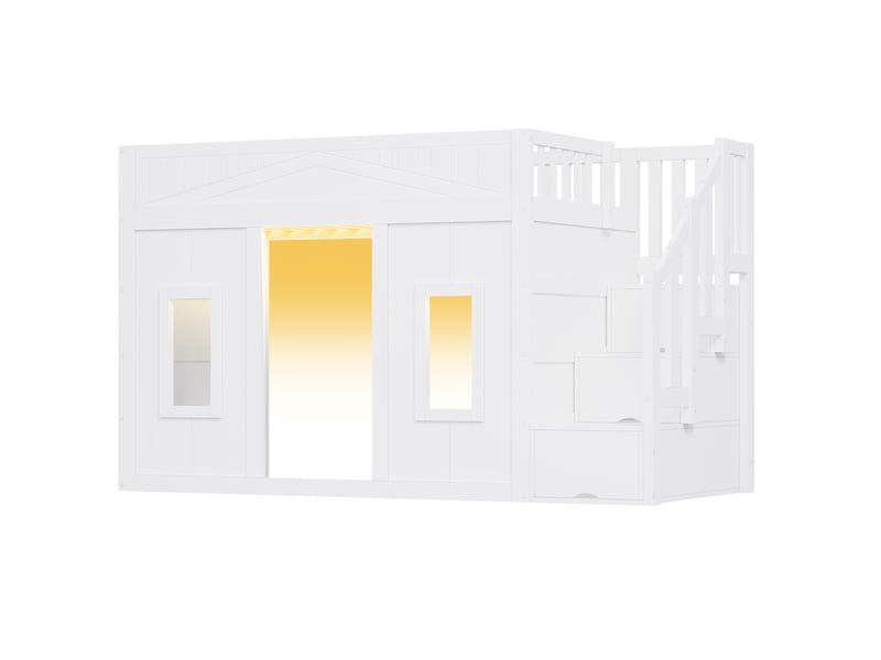  Lit mezzanine enfant 90x200 cm avec escalier de rangement et led, blanc, sans matelas  - Conforama R