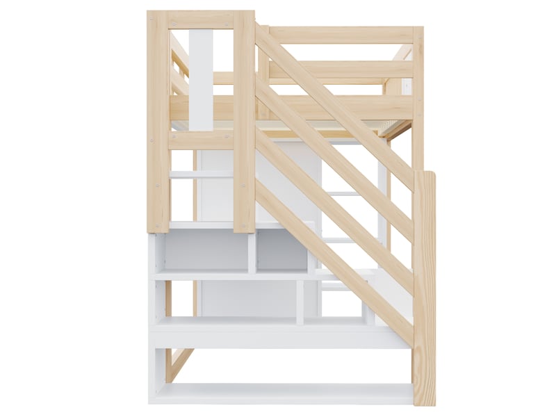 Lit mezzanine enfant 90x200 cm – naturel et blanc – bureau, led, escalier-rangement - sans matelas - Conforama E